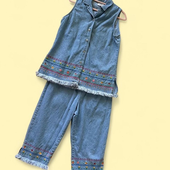Pants - Vintage 90s Denim‎ Embroidered Vest and Pants Set